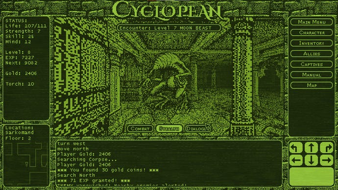 A cosmic monster in a pillared pixelart 3D dungeon in Cyclopean: The Great Abyss