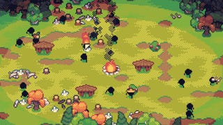 A bunch of weird little critters scurrying around a campfire in Build The Sun, holding logs and stones