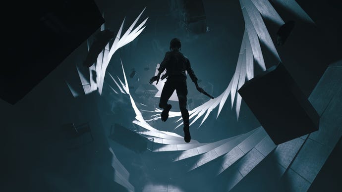 A screenshot of the protagonist of Control flying through a twisty corridor with stark lighting