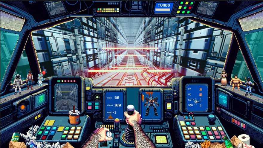 A view of a mech cockpit filled with junk food trash. Ahead of the mech there is a metal corridor full of lasers. All this is from the video game Mekkablood.