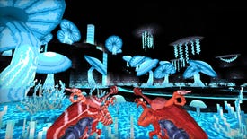 A world of giant glowing blue mushrooms with two handfuls of weird red weaponry in the foreground, from the FPS Mohrta