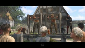 Two men in the stocks in Kingdom Come: Deliverance 2, surrounded by a yelling crowd