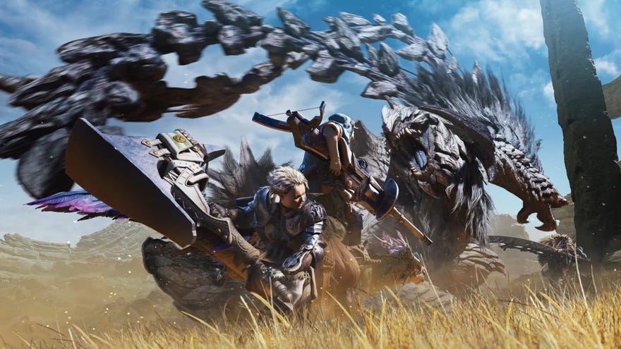 Two hunters armed with sword and bowgun battling a fast, serpentine lizard monster in a grassy desert area in Monster Hunter Wilds