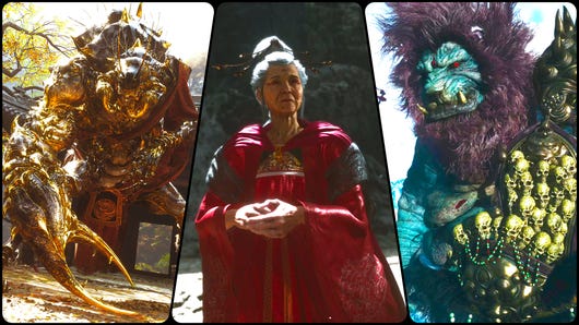 A selection of three bosses from Black Myth: Wukong standing in front of the camera. From left to right: the Scorpionlord, the Violet Spider, and Erlang Shen.