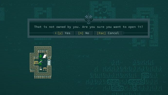 The player considers taking items from a villager's chest, but the game warns them before doing his.