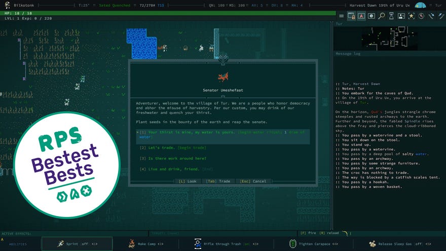 A dog senator speaks to the player, welcoming them to a friendly village. The RPS Bestest Best badge overlays the image.