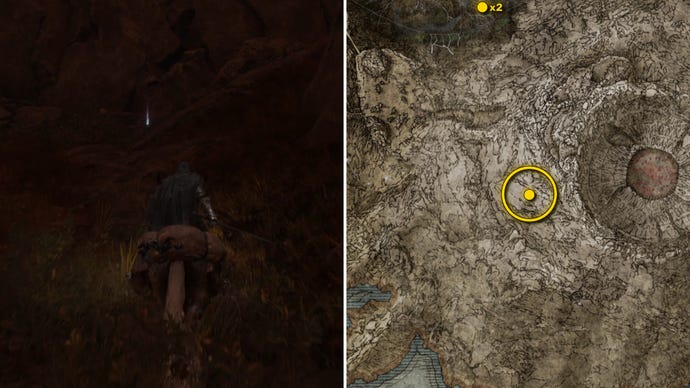 Two screenshots from Elden Ring: Shadow Of The Erdtree. Left: the player approaches a Scadutree Fragment. Right: the location of that Scadutree Fragment on the map.