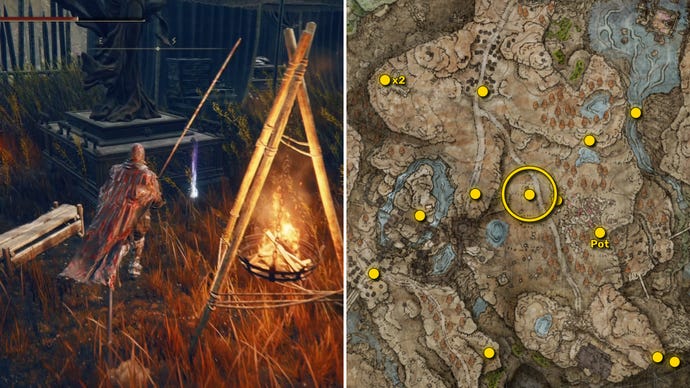 Two screenshots from Elden Ring: Shadow Of The Erdtree. Left: the player approaches a Scadutree Fragment. Right: the location of that Scadutree Fragment on the map.