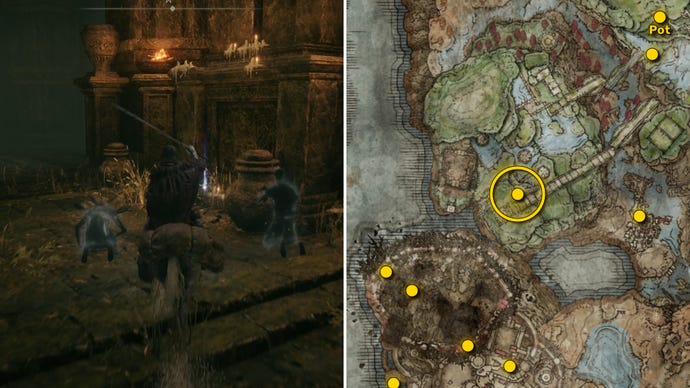 Two screenshots from Elden Ring: Shadow Of The Erdtree. Left: the player approaches a Scadutree Fragment. Right: the location of that Scadutree Fragment on the map.