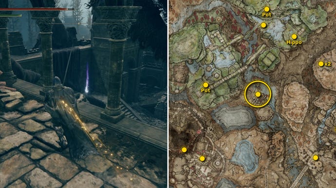 Two screenshots from Elden Ring: Shadow Of The Erdtree. Left: the player approaches a Scadutree Fragment. Right: the location of that Scadutree Fragment on the map.