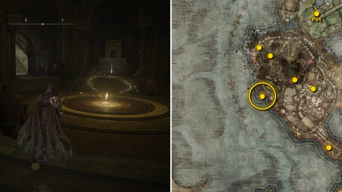 Two screenshots from Elden Ring: Shadow Of The Erdtree. Left: the player approaches a Scadutree Fragment. Right: the location of that Scadutree Fragment on the map.