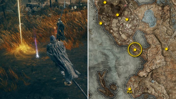 Two screenshots from Elden Ring: Shadow Of The Erdtree. Left: the player approaches a Scadutree Fragment. Right: the location of that Scadutree Fragment on the map.