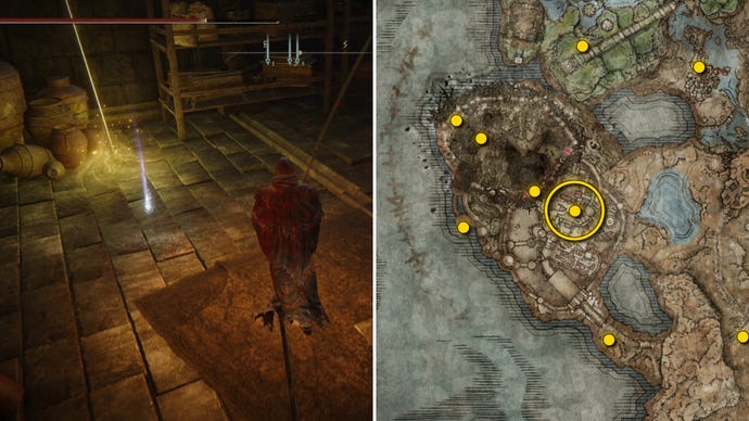 Two screenshots from Elden Ring: Shadow Of The Erdtree. Left: the player approaches a Scadutree Fragment. Right: the location of that Scadutree Fragment on the map.