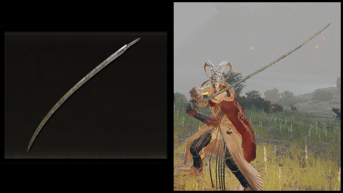 Left: an illustration of the Hand of Malenia from Elden Ring. Right: the player character holding the same weapon against a Limgrave background.