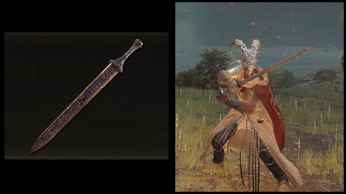 Left: an illustration of the Regalia of Eochaid from Elden Ring. Right: the player character holding the same weapon against a Limgrave background.