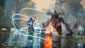 A woman throwing blue magic at a fire-breathing dragon while standing in a waterlogged area of action game Eternal Strands