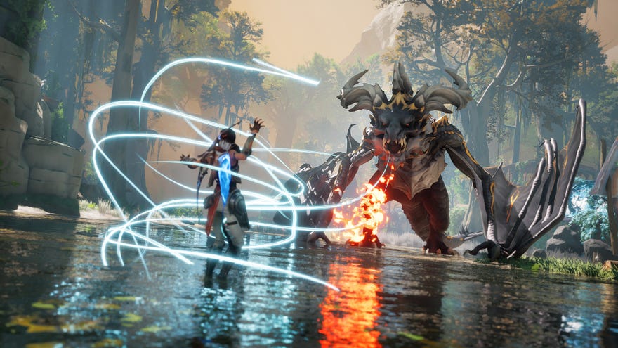 A woman throwing blue magic at a fire-breathing dragon while standing in a waterlogged area of action game Eternal Strands