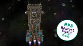 A long, thin spaceship in Factorio: Space Age hurtles through space, with tentacle-like metal arms grabbing asteroids from the front of the ship.