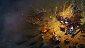 Heimerdinger, a Yordle scientist, stands looking in shock at as exploded creation of his lies tattered on the ground. His big spiky yellow hair is singed at its ends.