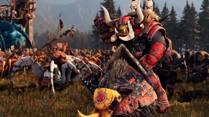 A big orc on a big boar in Total War Warhammer 3.