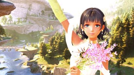 Nikki, the main character in Infinity Nikki, makes a pose towards the camera with black hair and a white dress against a grassy river backdrop.