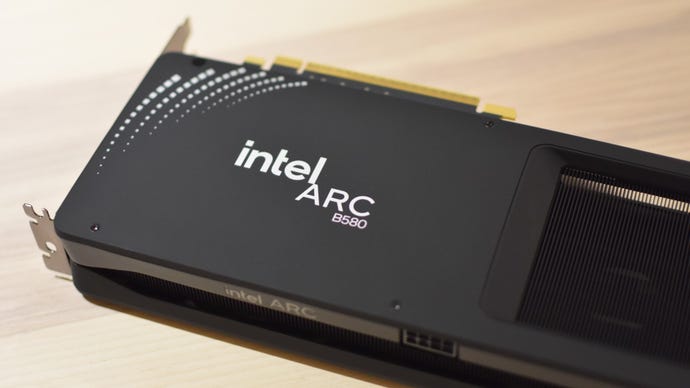 The The Intel Arc B580 Limited Edition graphics card on a table.