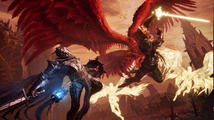 A warrior fights a fallen paladin Pietra in Lords Of The Fallen.