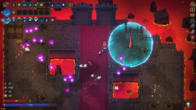 A demon-masked lad fires butterflies and purple orbs at enemies in a lava-y level.