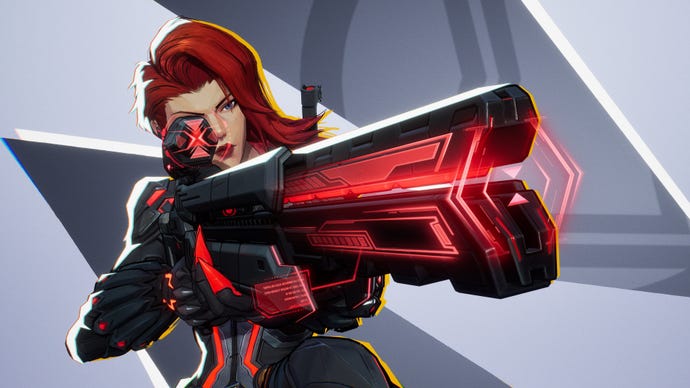 Black Widow in Marvel Rivals aims her Red Room rifle off-screen in front of the camera.