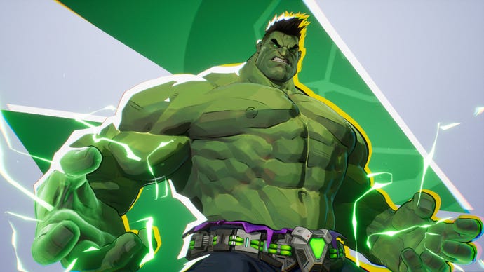 Hulk in Marvel Rivals poses in front of the camera, gamma energy radiating from his hands.