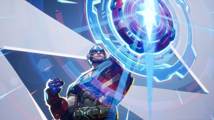 Captain America in Marvel Rivals holds his shield up in front of the camera.