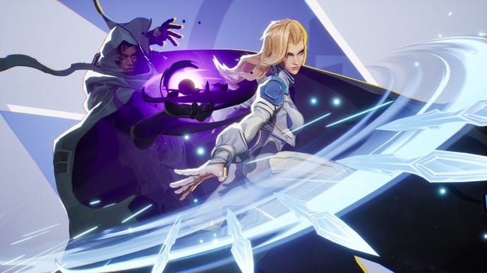 Cloak And Dagger in Marvel Rivals both pose together in front of the camera, firing off blasts of their respective magic.