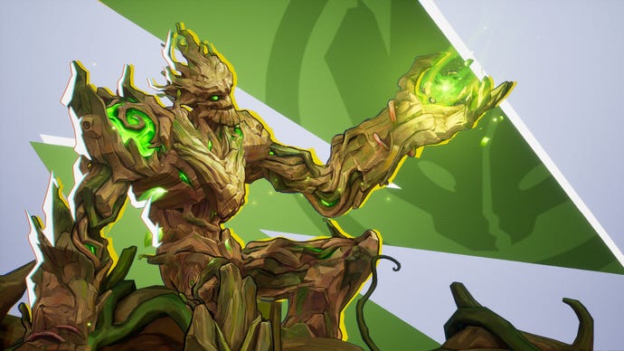 Groot in Marvel Rivals poses in front of the camera sitting down and holding a glowing green seed in his hand.