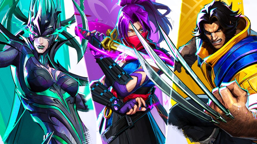 Three Marvel Rivals characters posing side-by-side. From left to right: Hela, Psylocke, Wolverine.