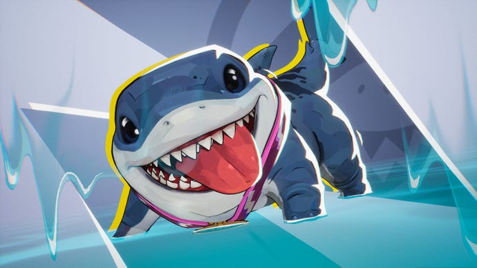 Jeff The Land Shark in Marvel Rivals poses smiling and panting in front of the camera.