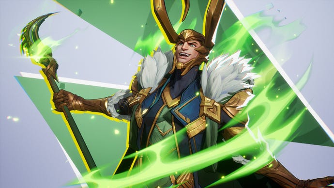 Loki in Marvel Rivals poses with a smile in front of the camera, wreathed in green magic.