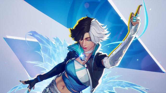 Luna Snow in Marvel Rivals poses in front of the camera with her eyes closed and one hand pointing in the air.