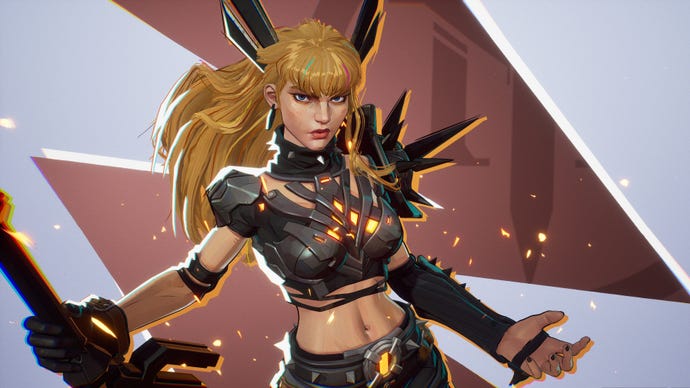 Magik in Marvel Rivals poses in front of the camera, wielding her greatsword in one hand.