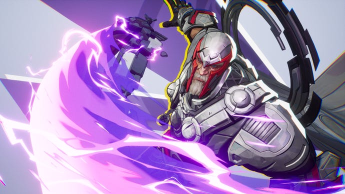 Magneto in Marvel Rivals telepathically swings his purple sword towards the camera.