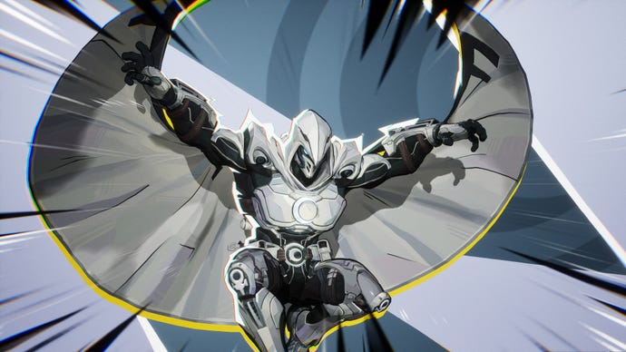 Moon Knight in Marvel Rivals glides towards the camera with his moon-shaped cape.