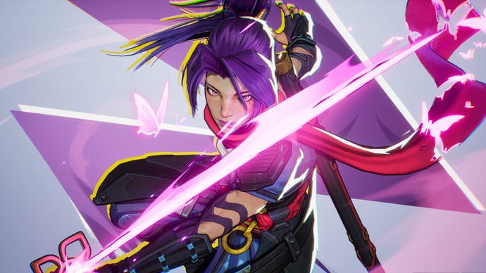 Psylocke in Marvel Rivals prepares to strike with her sword in front of the camera.