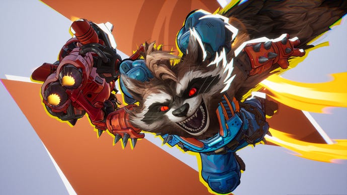 Rocket Raccoon in Marvel Rivals launches himself towards the camera.