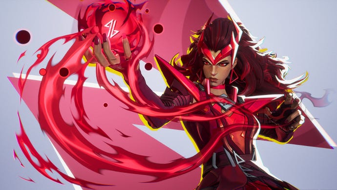 Scarlet Witch in Marvel Rivals summons red chaos magic with her hand in front of the camera.