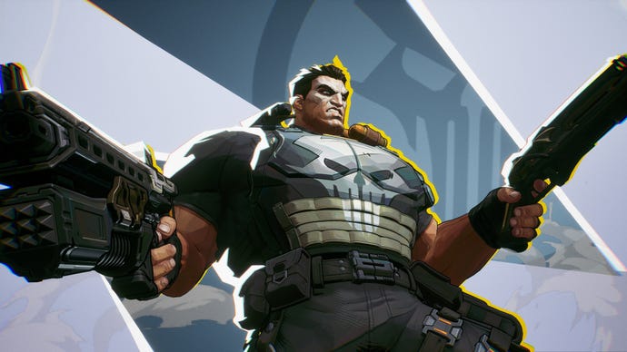 The Punisher in Marvel Rivals poses in front of the camera with both his guns pointed outwards.