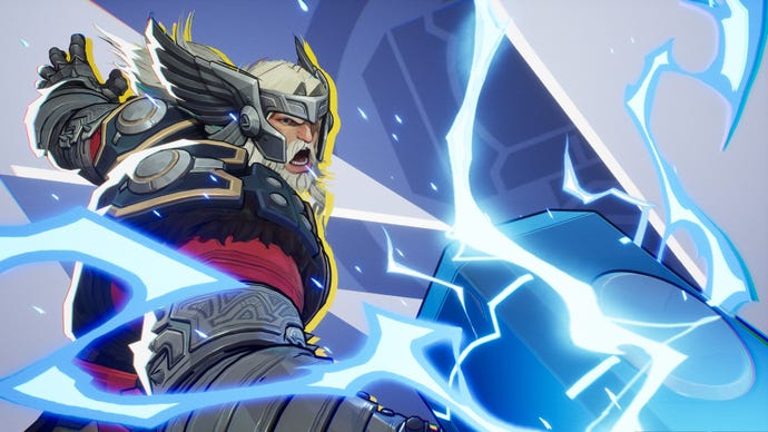 Thor in Marvel Rivals smashes his lightning-infused hammer towards the camera.