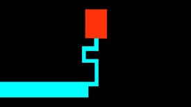 A winding blue maze against a black background, with a red 'goal' rectangle at the top.