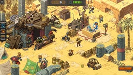 The gang of heroes preps in a desert military camp, with a barracks and jeep nearby.