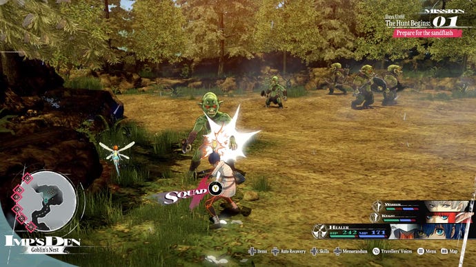 The protagonist hits a goblin in a forest dungeon.