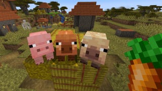 Three pig variants staring at a carrot in Minecraft.