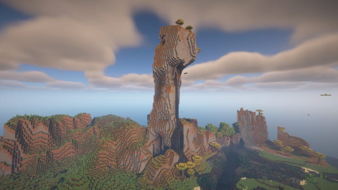 Minecraft screenshot of the 'perfect tower base' seed showing a large natural structure.